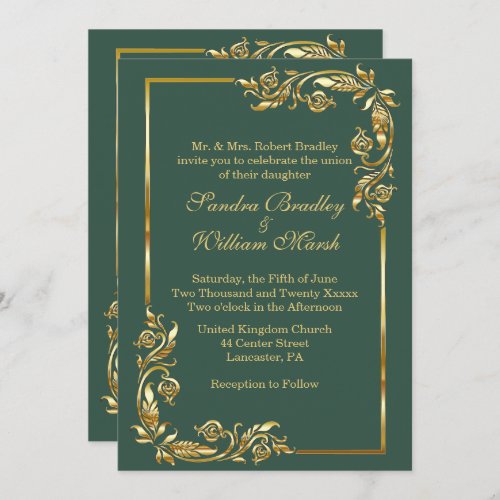 Golden Frame Elegant Forest Green w Gold Print   Invitation