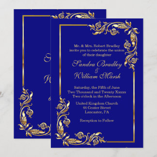 Golden Frame Elegant Navy Blue w/ Gold Print Invitation