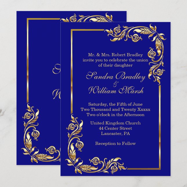 Golden Frame Elegant Navy Blue w/ Gold Print Invitation (Front/Back)