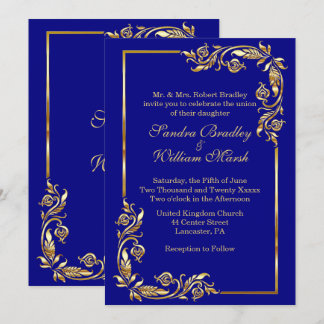 Golden Frame Elegant Navy Blue w/ Gold Print Invitation