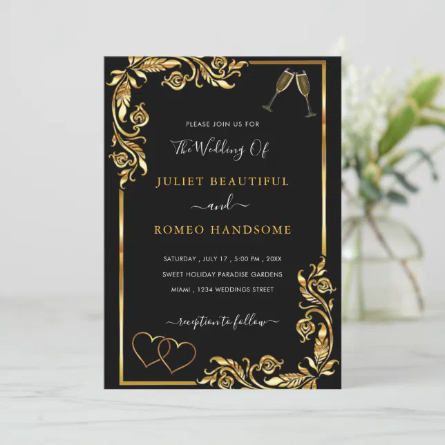 Golden Frame Hearts Love Toast Wedding Invitation | Zazzle