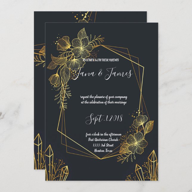 Golden Frame Navy back wedding Invitation (Front/Back)