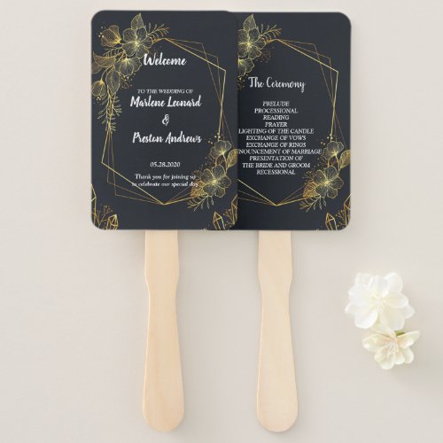 Golden Frame Navy back Wedding Program Hand Fan