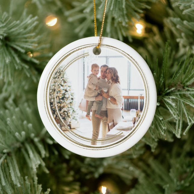 Golden Frame Photo Christmas Personalized Ceramic Ornament (Tree)