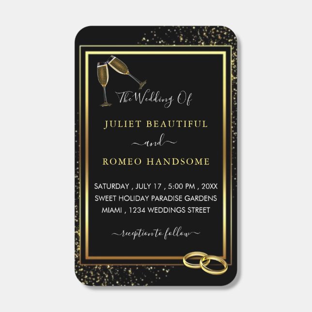 Golden Frame & Rings Black Gold Wedding Matchboxes (Front)