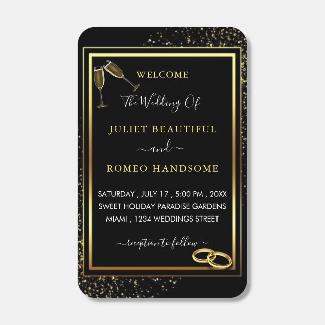 Golden Frame & Rings Black Gold - Welcome Wedding Matchboxes (Front)