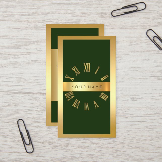 Golden Frame Roman Clock Cali Green Vertical Business Card (Front/Back In Situ)