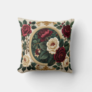 Golden Frame Roses Pillow - Elegant Burgundy Cream