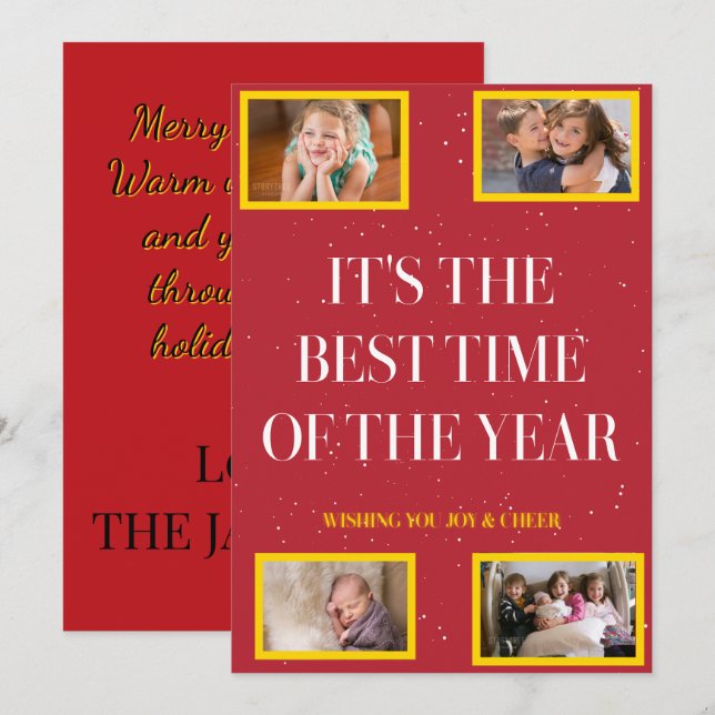 Golden Frame Snowy Red Christmas Cheer Holiday Card (Front/Back)