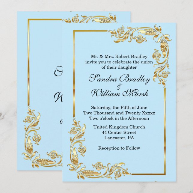 Golden Frame Traditional Blue Invitation (Front/Back)