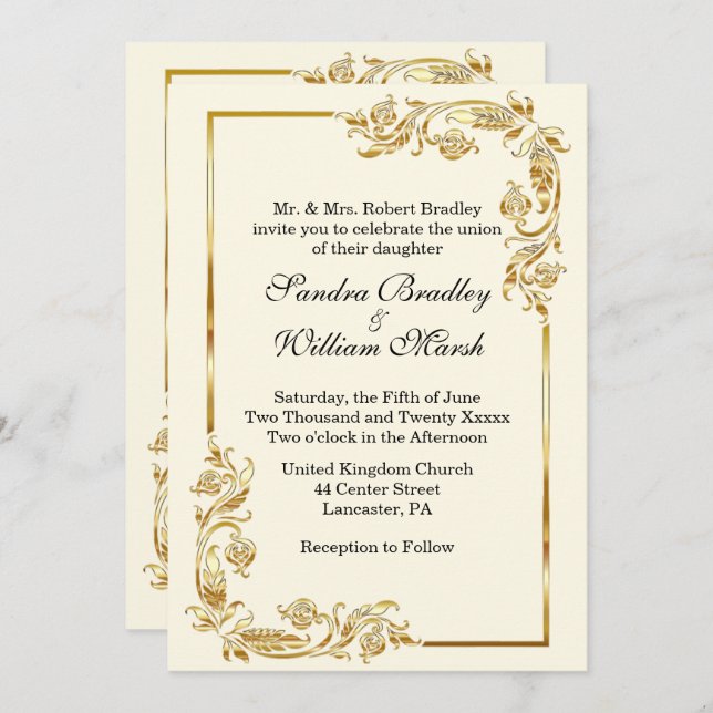 Golden Frame Traditional Cream Invitation (Front/Back)