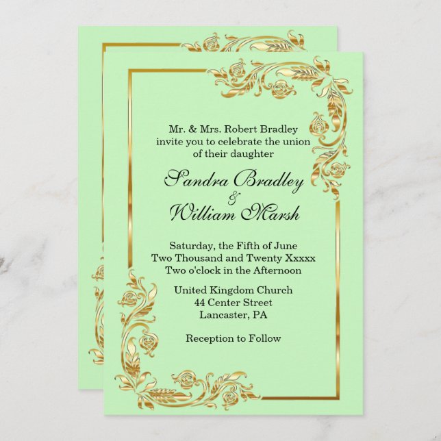 Golden Frame Traditional Green Invitation (Front/Back)