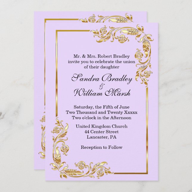 Golden Frame Traditional Lavender  Invitation (Front/Back)
