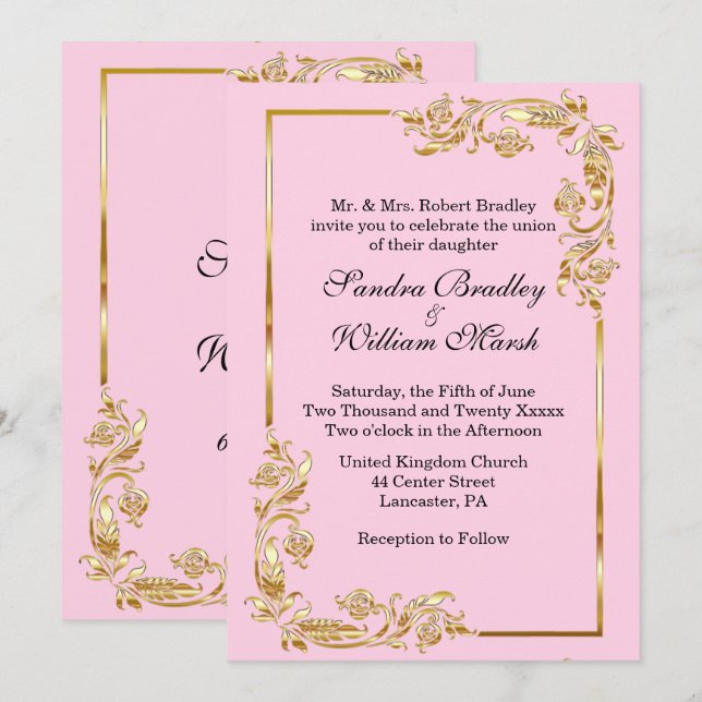 Golden Frame Traditional Pink Invitation (Front/Back)