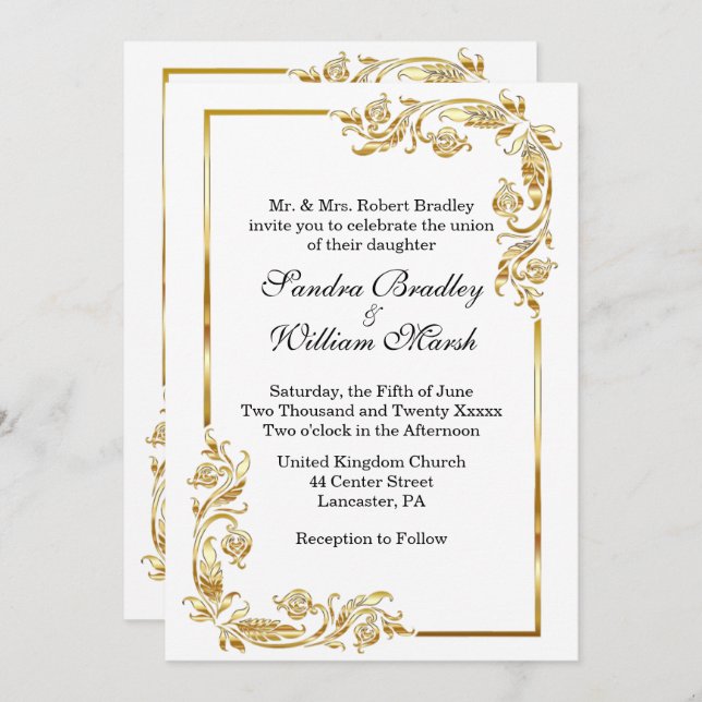 Golden Frame Traditional White Invitation (Front/Back)