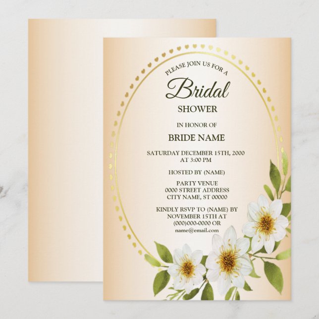 Golden Frame White Floral Peach Bridal Shower Invitation (Front/Back)