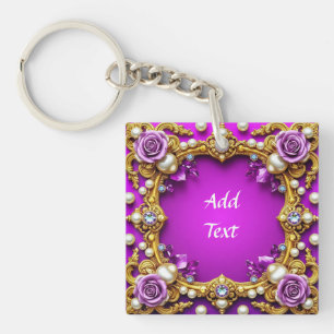 Golden Frame With Elegant Roses and Pearls Keychain