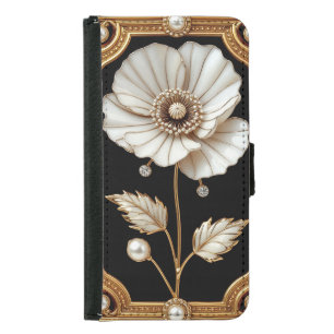 Golden Frame With Floral and Pearl Design Samsung Galaxy S5 Wallet Case