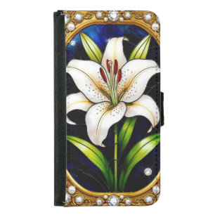 Golden Frame With Floral and Pearl Design Samsung Galaxy S5 Wallet Case