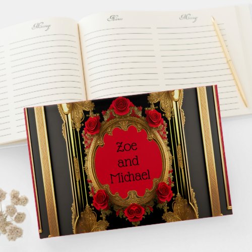 Golden frame with red roses gothic photo wedding guest book