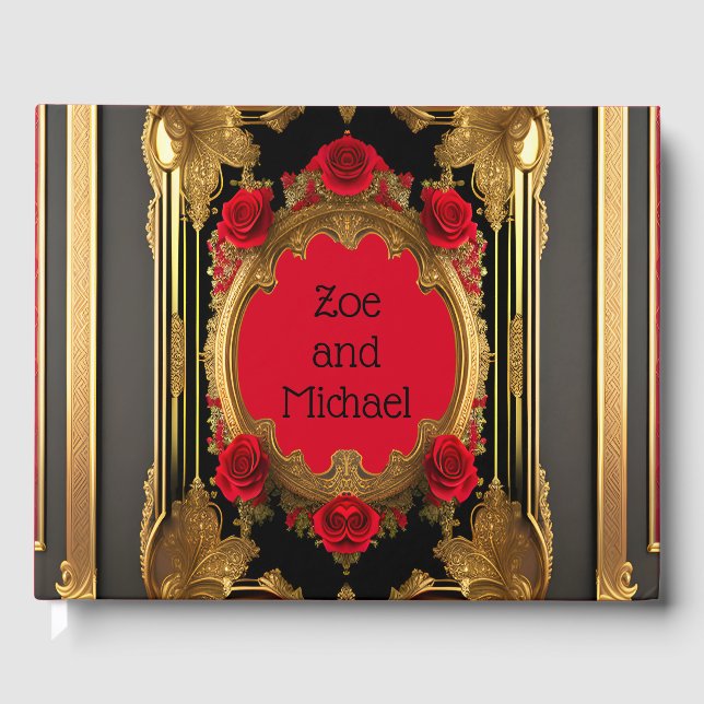 Golden frame with red roses, gothic photo wedding guest book (Front)