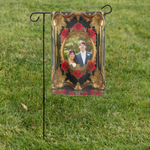 Golden frame with red roses, gothic style photo garden flag