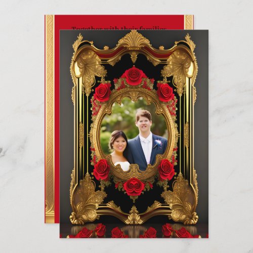 Golden frame with red roses gothic style photo  invitation