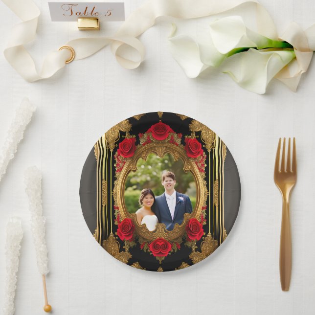 Golden frame with red roses, gothic style photo  paper plates (Wedding)