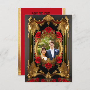 Golden frame with red roses, gothic style photo save the date