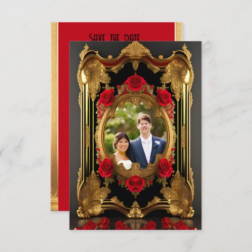 Golden frame with red roses gothic style photo  save the date