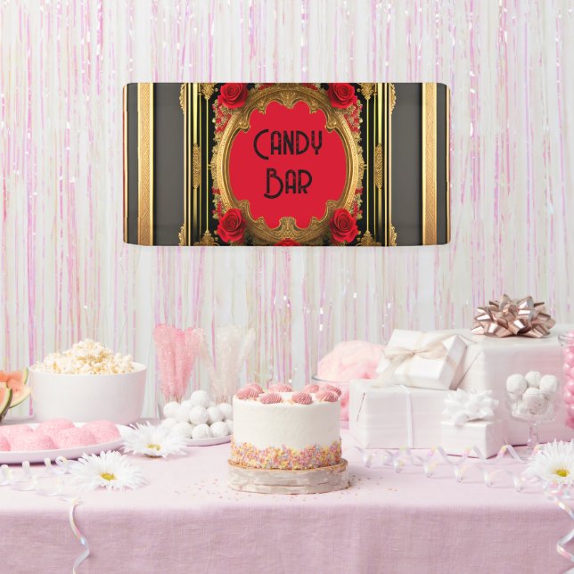 Golden frame with red roses, gothic style wedding banner (Party)