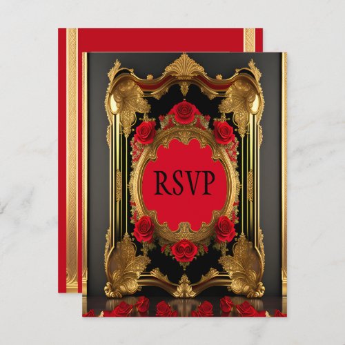 Golden frame with red roses gothic style wedding  RSVP card