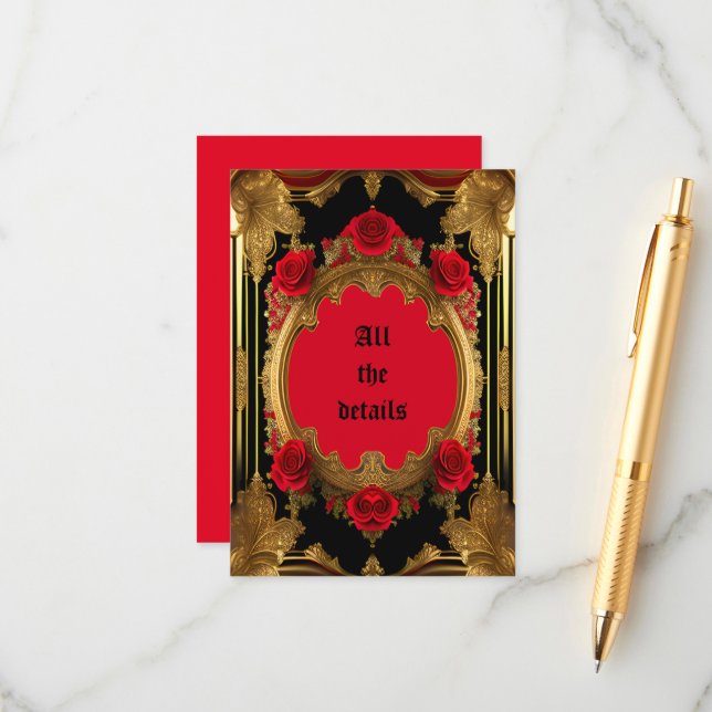 Golden frame with red roses, gothic wedding enclosure card (Front/Back In Situ)