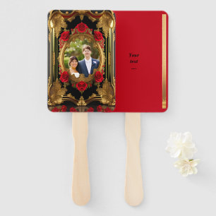 Golden frame with red roses, wedding program  hand fan