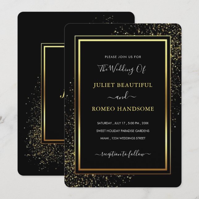 Golden Framed Black Wedding Invitation Template (Front/Back)