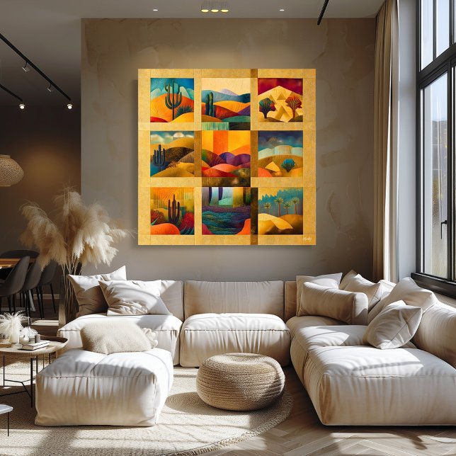 Golden Framed Desert Art Grid – Colorful Geometric Poster (Creator Uploaded)