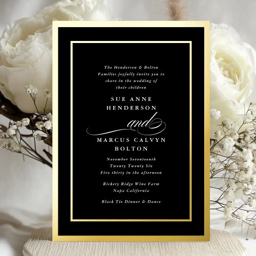 Golden Framed  Elegant Formal Calligraphy Wedding Foil Invitation