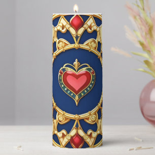 Golden Framed Heart Motif With Ornate Design Pillar Candle