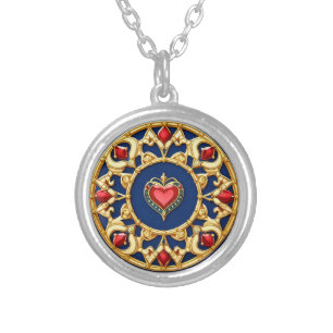 Golden Framed Heart Motif With Ornate Design Silver Plated Necklace
