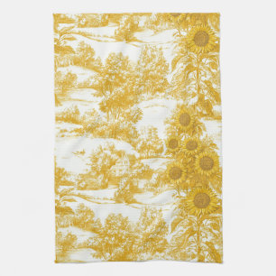 Golden French Country Sunflower Toile Pattern Kitchen Towel