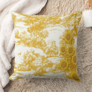 Golden French Country Sunflower Toile Pattern Throw Pillow
