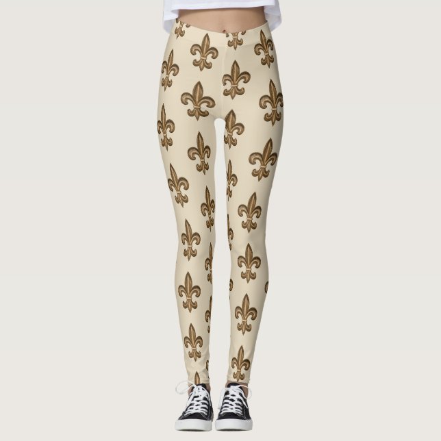 Golden French Fleur de Lis Pattern Leggings (Front)