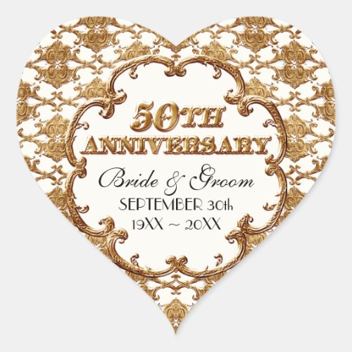 Golden French Swirl Favor Gift 50th Anniversary Heart Sticker