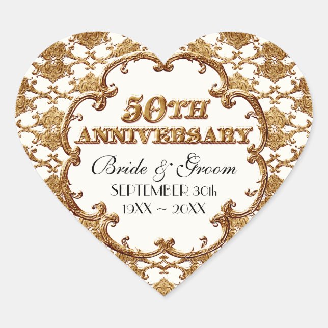 Golden French Swirl Favor Gift 50th Anniversary Heart Sticker (Front)