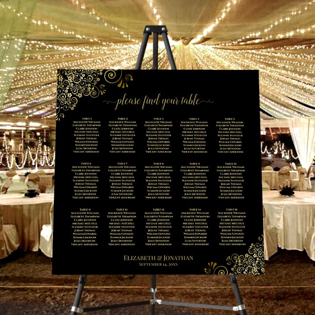 Golden Frills 15 Table Black Wedding Seating Chart Foam Board (In Situ on Stand at Reception)
