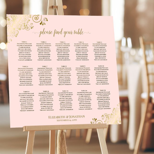 Golden Frills 15 Table Pink Wedding Seating Chart Foam Board (On Stand)