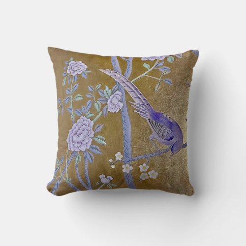 Golden Garden Chinoiserie Purple Bird   Peony Throw Pillow