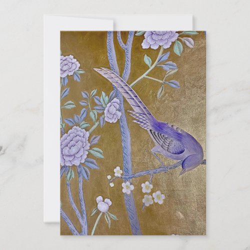 Golden Garden Chinoiserie with Purple Bird  Peony Holiday Card