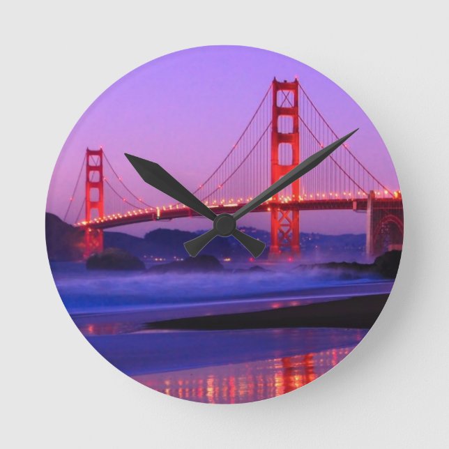 Golden Gate Bridge on Baker Beach at Sundown Round Clock (Front)