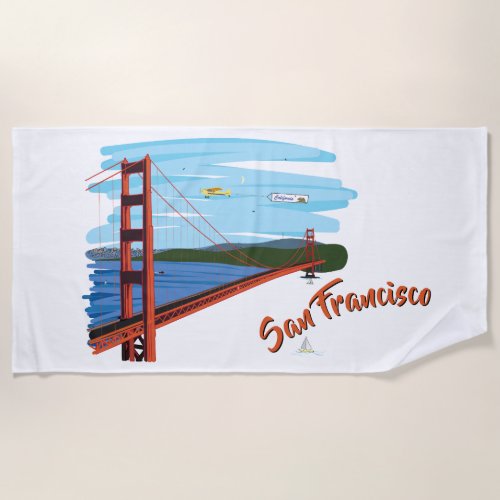 Golden Gate Bridge San Francisco Illustration Beach Towel